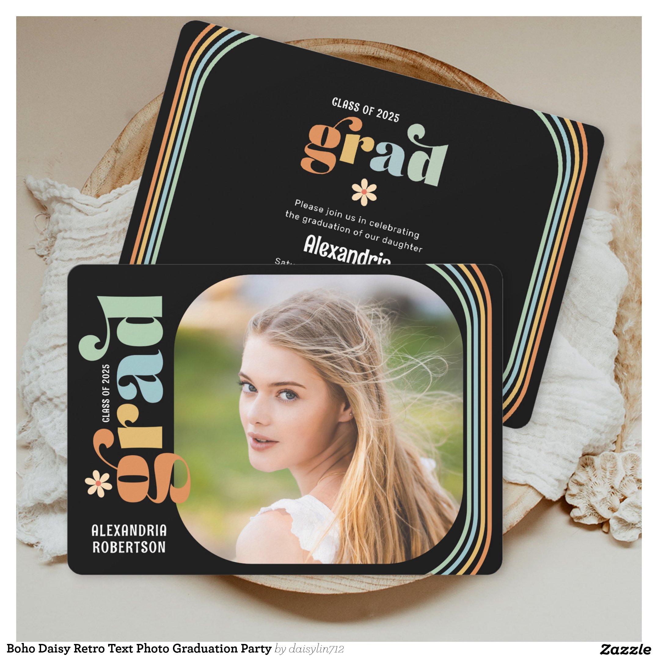 Boho Daisy Retro Text Photo Graduation Party Invitation