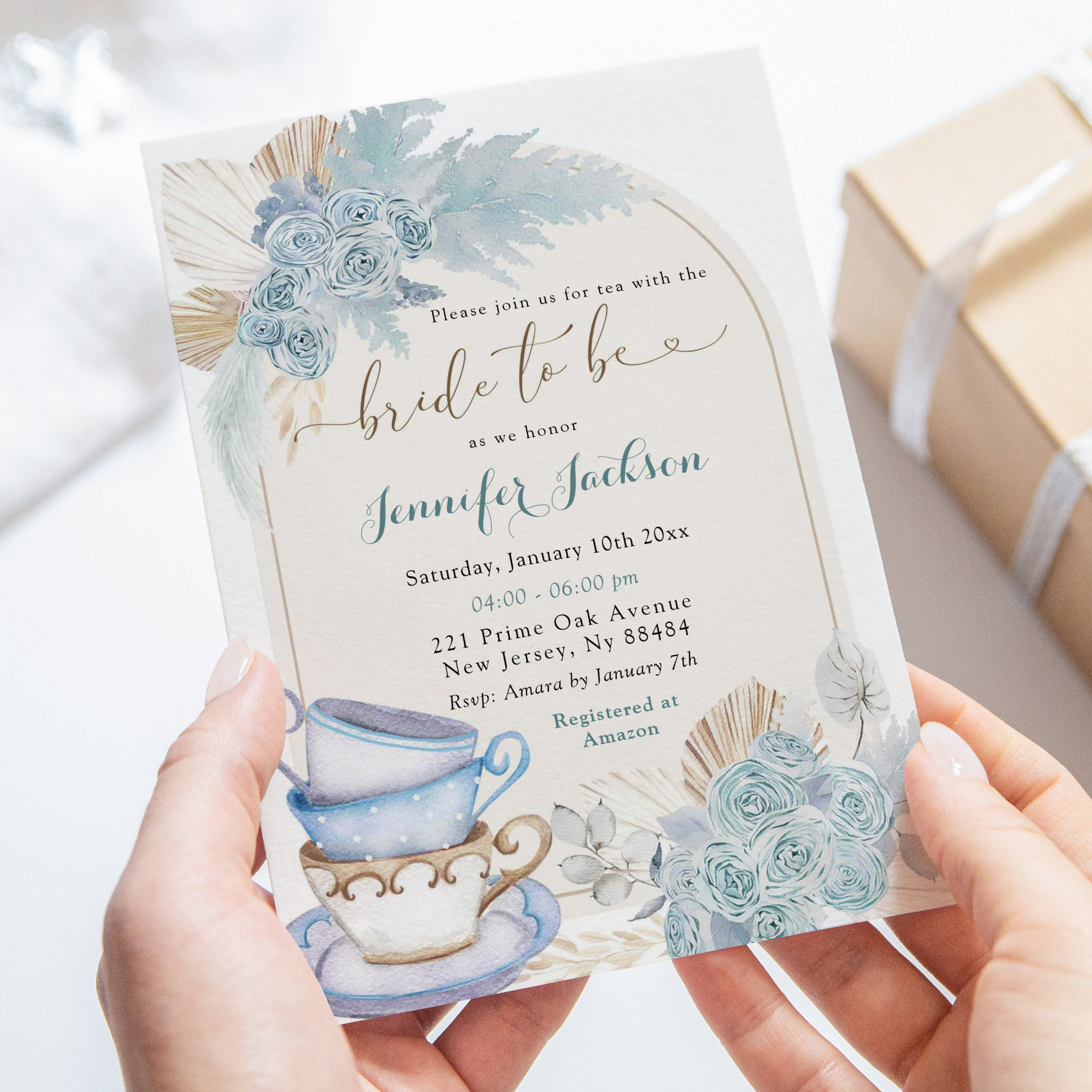 Boho Dusty Blue Floral Bridal Shower Tea Party Invitation