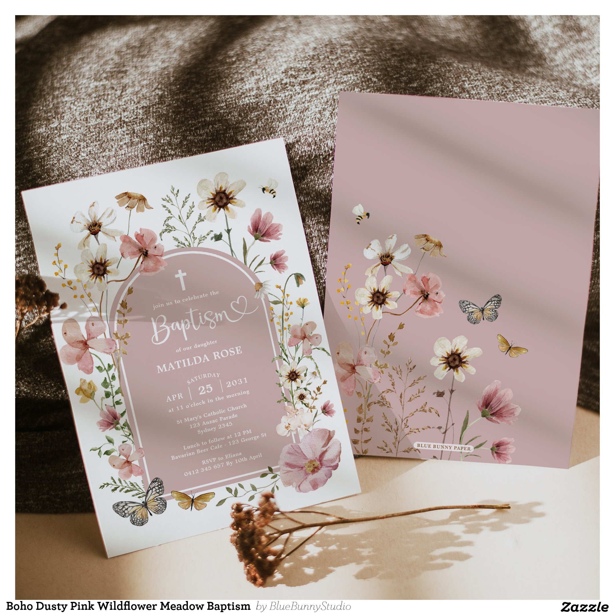 Boho Dusty Pink Wildflower Meadow Baptism Invitation