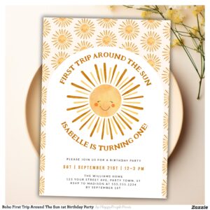 Boho First Trip Around The Sun 1st Birthday Party Invitation