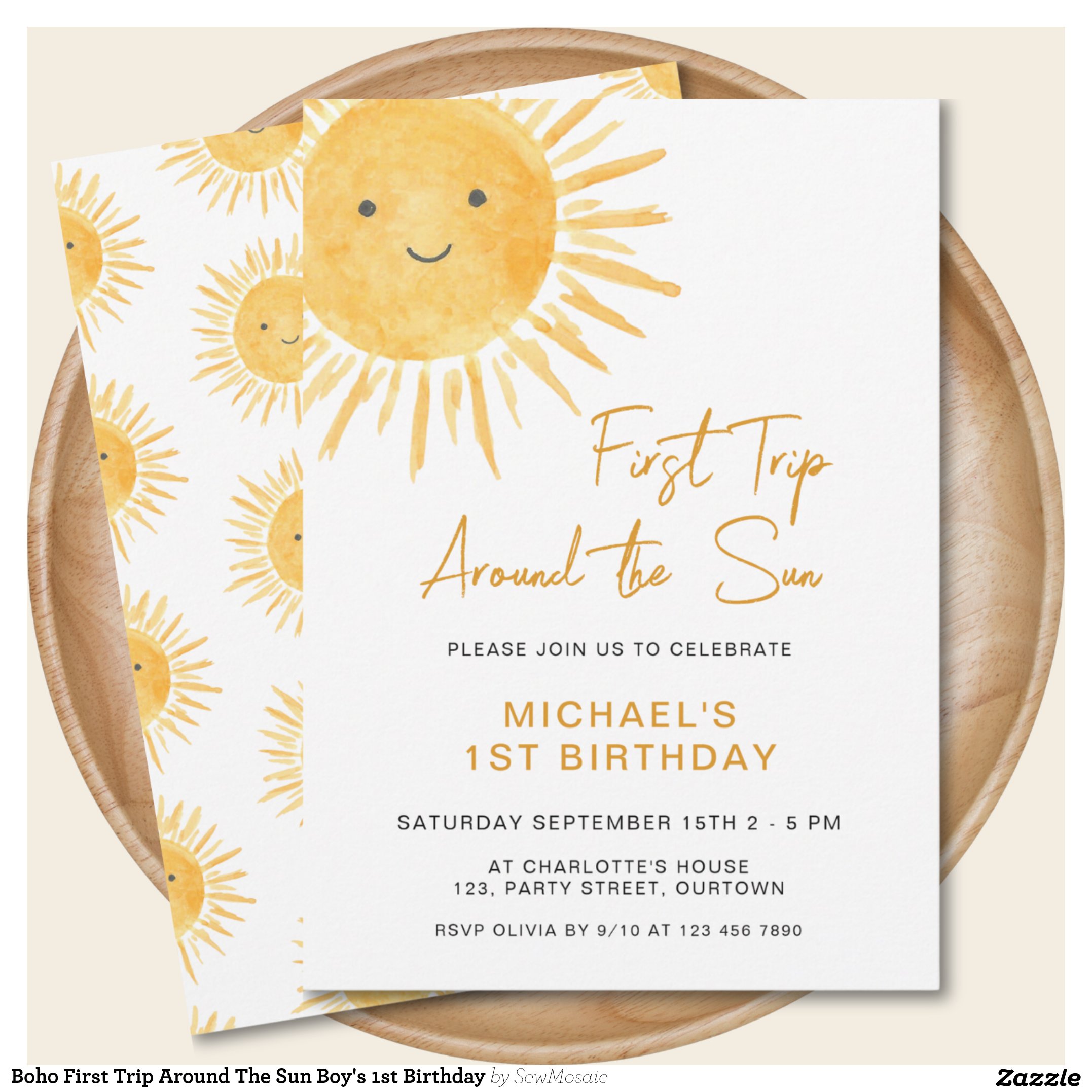 Boho First Trip Around The Sun Boy's 1st Birthday Invitation