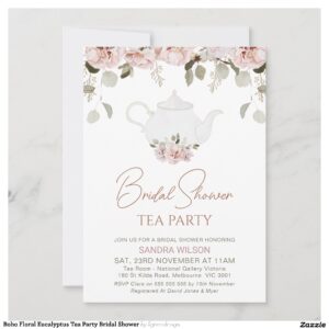 Boho Floral Eucalyptus Tea Party Bridal Shower Invitation