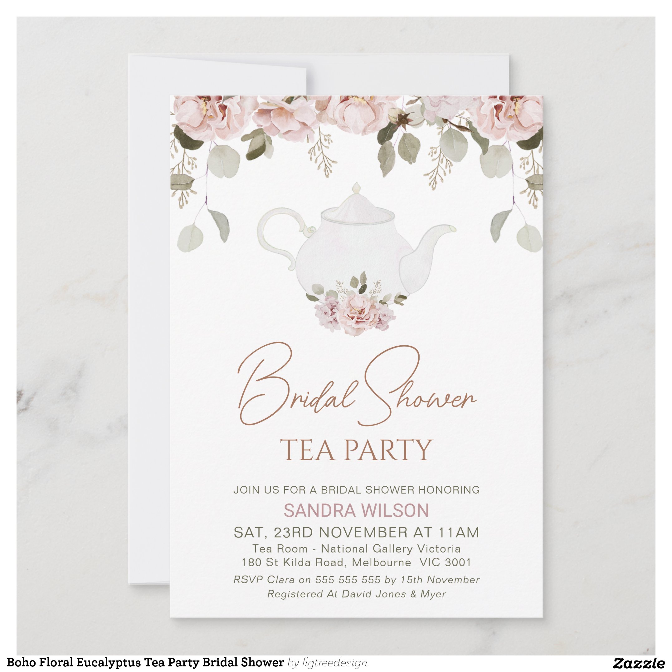 Boho Floral Eucalyptus Tea Party Bridal Shower Invitation
