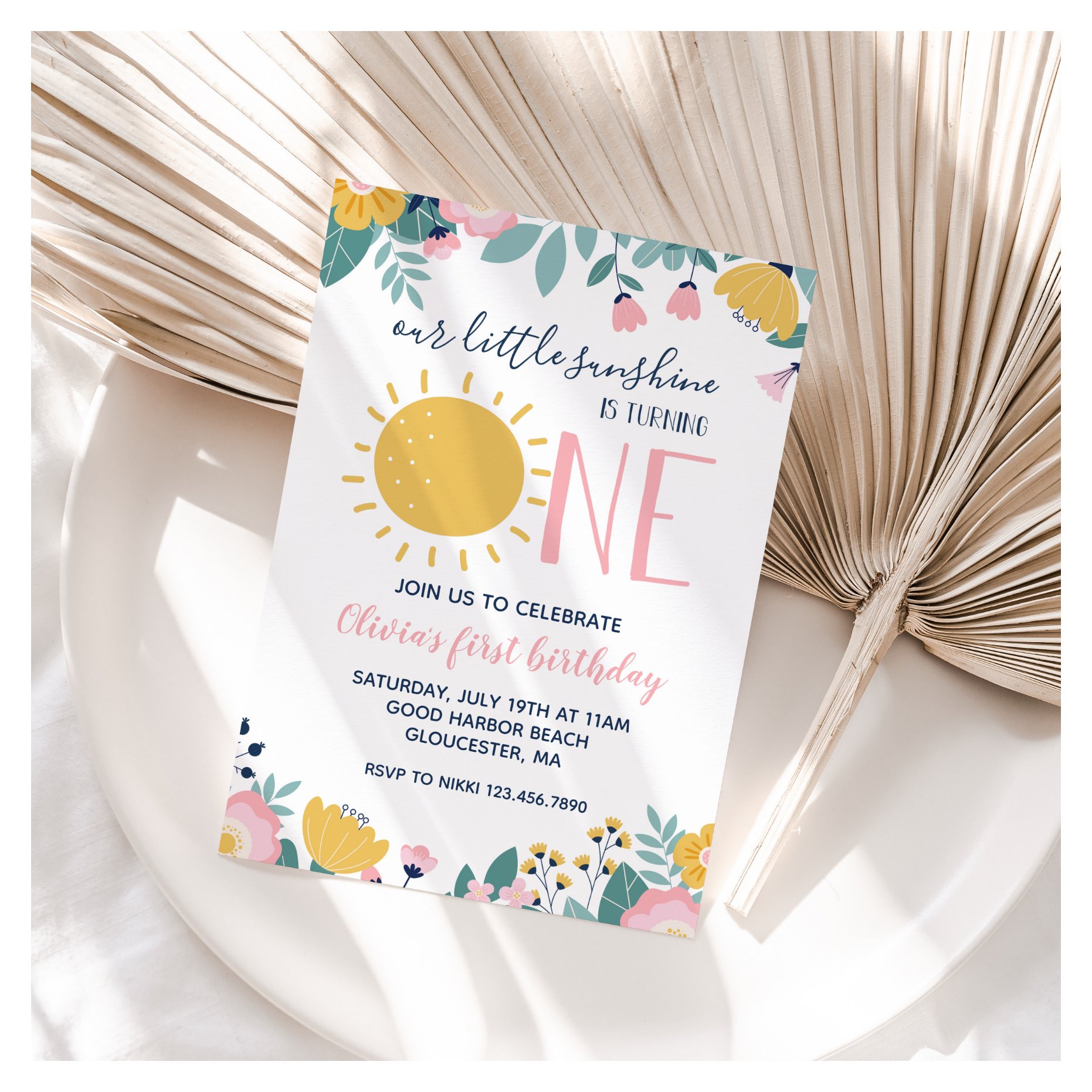 Boho Floral Our Little Sunshine 1st Birthday Invit Invitation