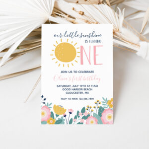 Boho Floral Our Little Sunshine 1st Birthday Invitation