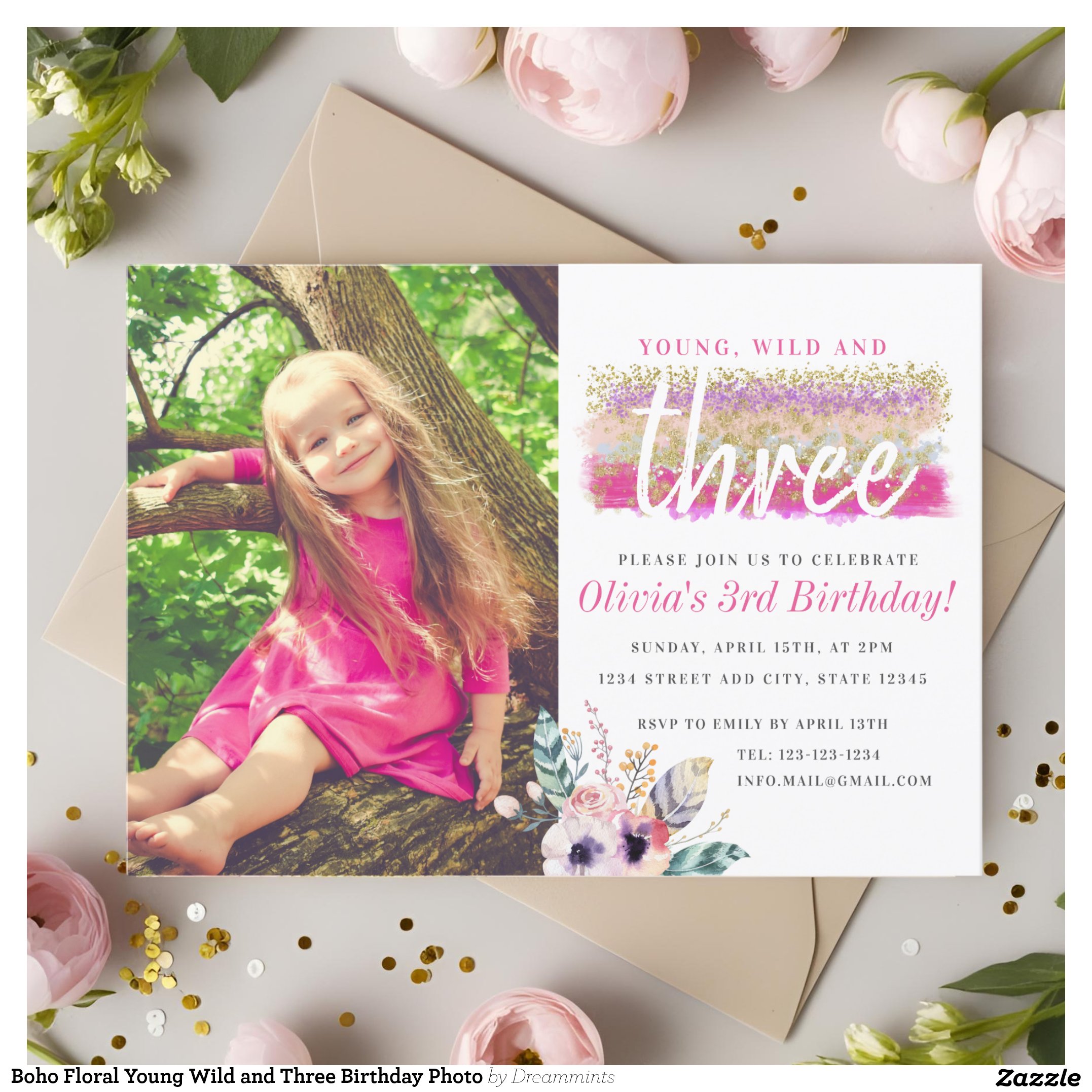 Boho Floral Young Wild and Three Birthday Photo Invitation