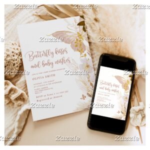 Boho gold Butterfly kisses baby shower Invitation