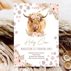 Boho Holy Cow Highland Pampas 1st First Birthday Invitation