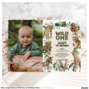 Boho Jungle Animals Wild One 1st Birthday Photo Invitation