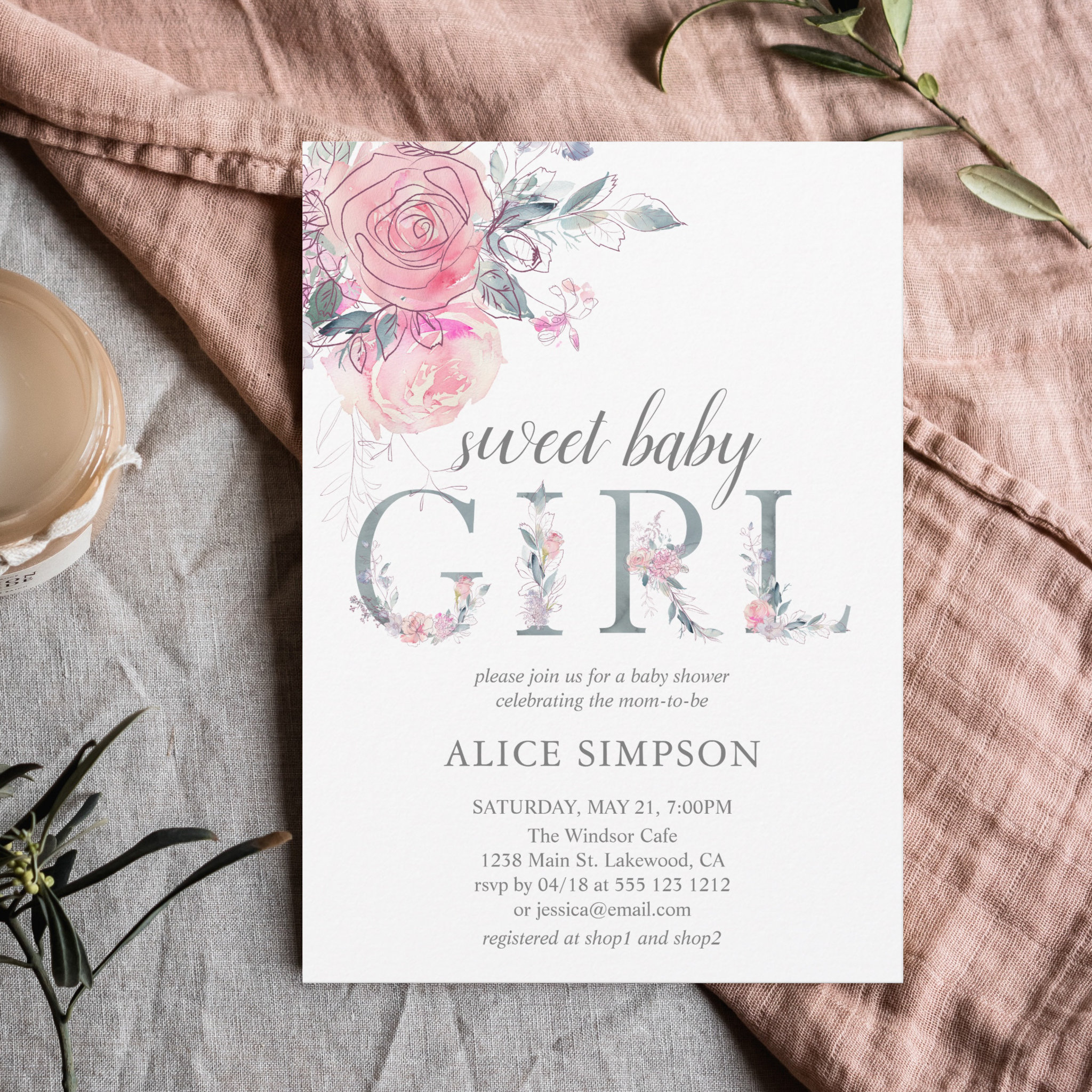Boho Light Soft Pink Baby Girl Shower Invitation