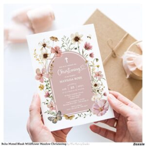 Boho Muted Blush Wildflower Meadow Christening Invitation