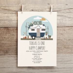 Boho One Happy Camper 1st Birthday Party Blue Invitation