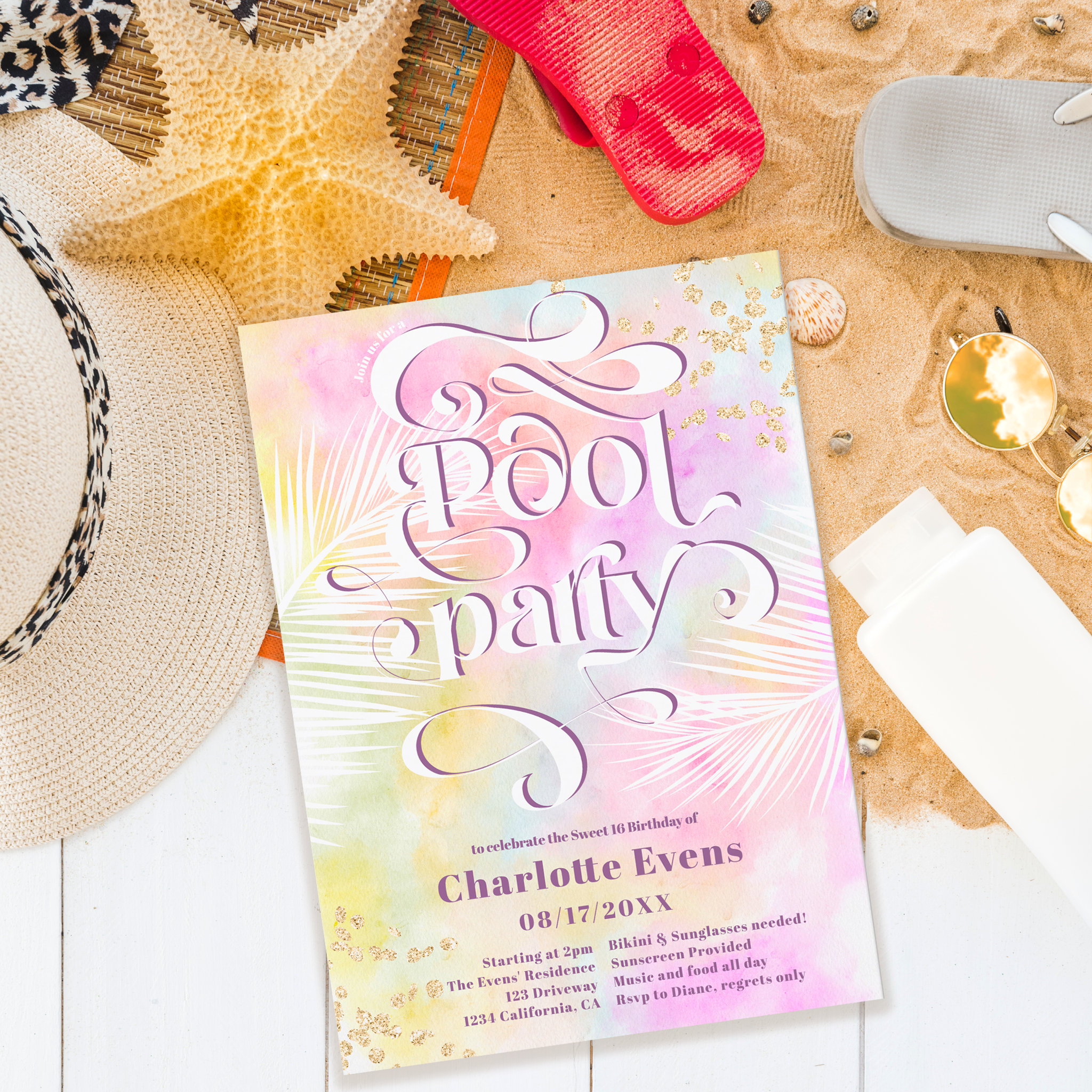 Boho palm fun pool party script swirls Sweet 16 Invitation