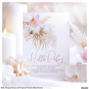 Boho Pampas Grass and Tropical Flowers Baby Shower Invitation