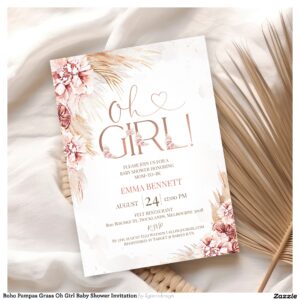 Boho Pampas Grass Oh Girl Baby Shower Invitation