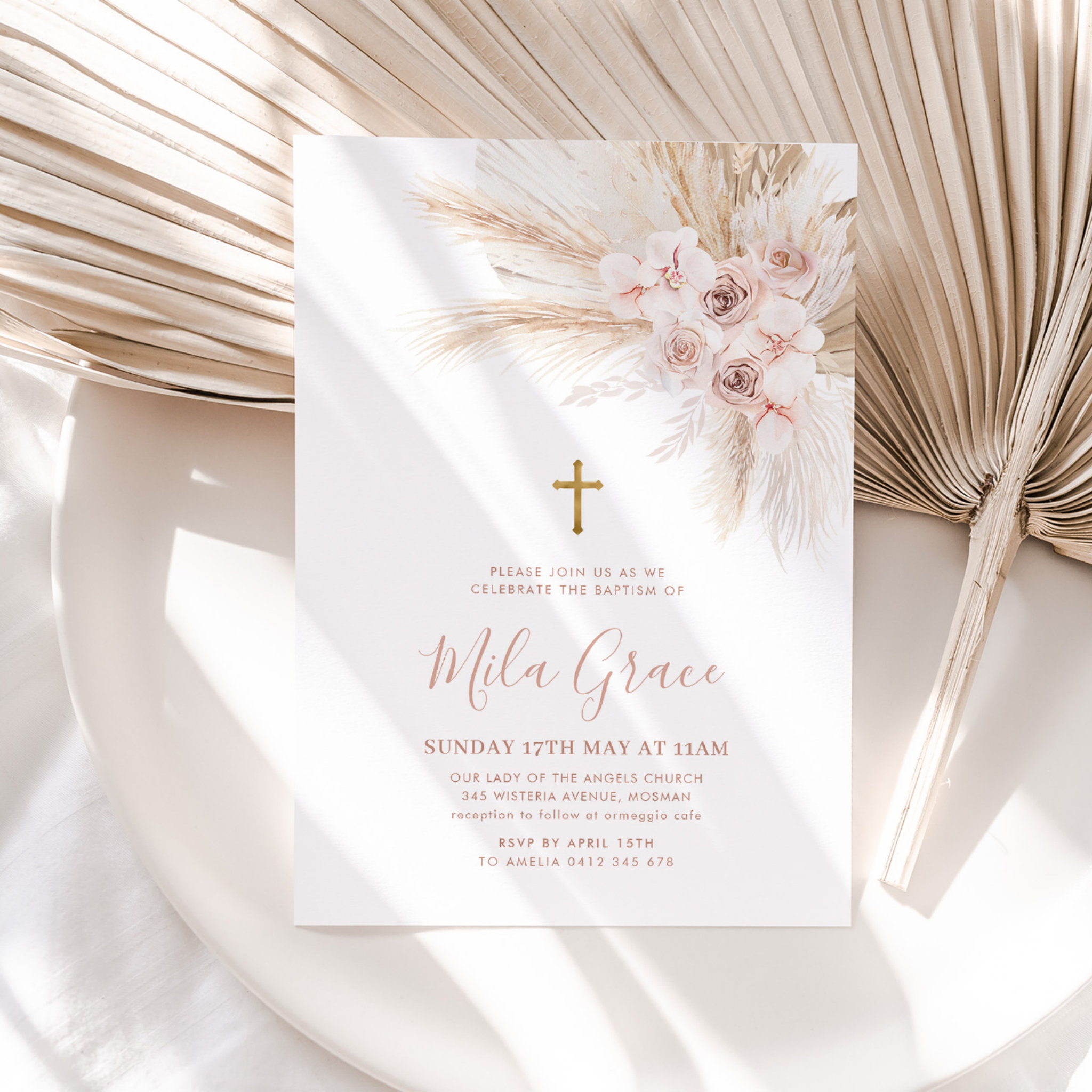 Boho Pampas Pink Girl Floral Baptism Christening Invitation