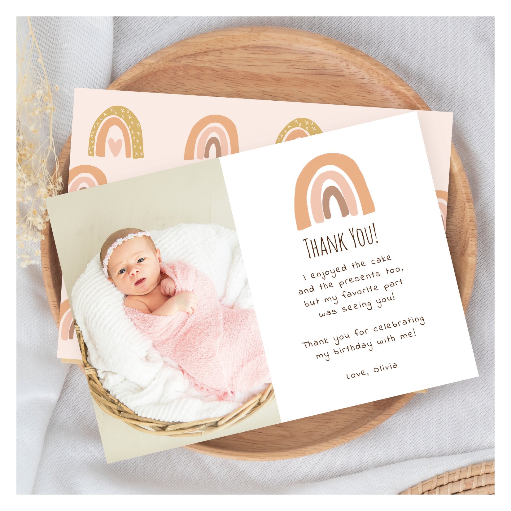 Boho Pastel Rainbow 1st Birthday Photo Thank You Invitation