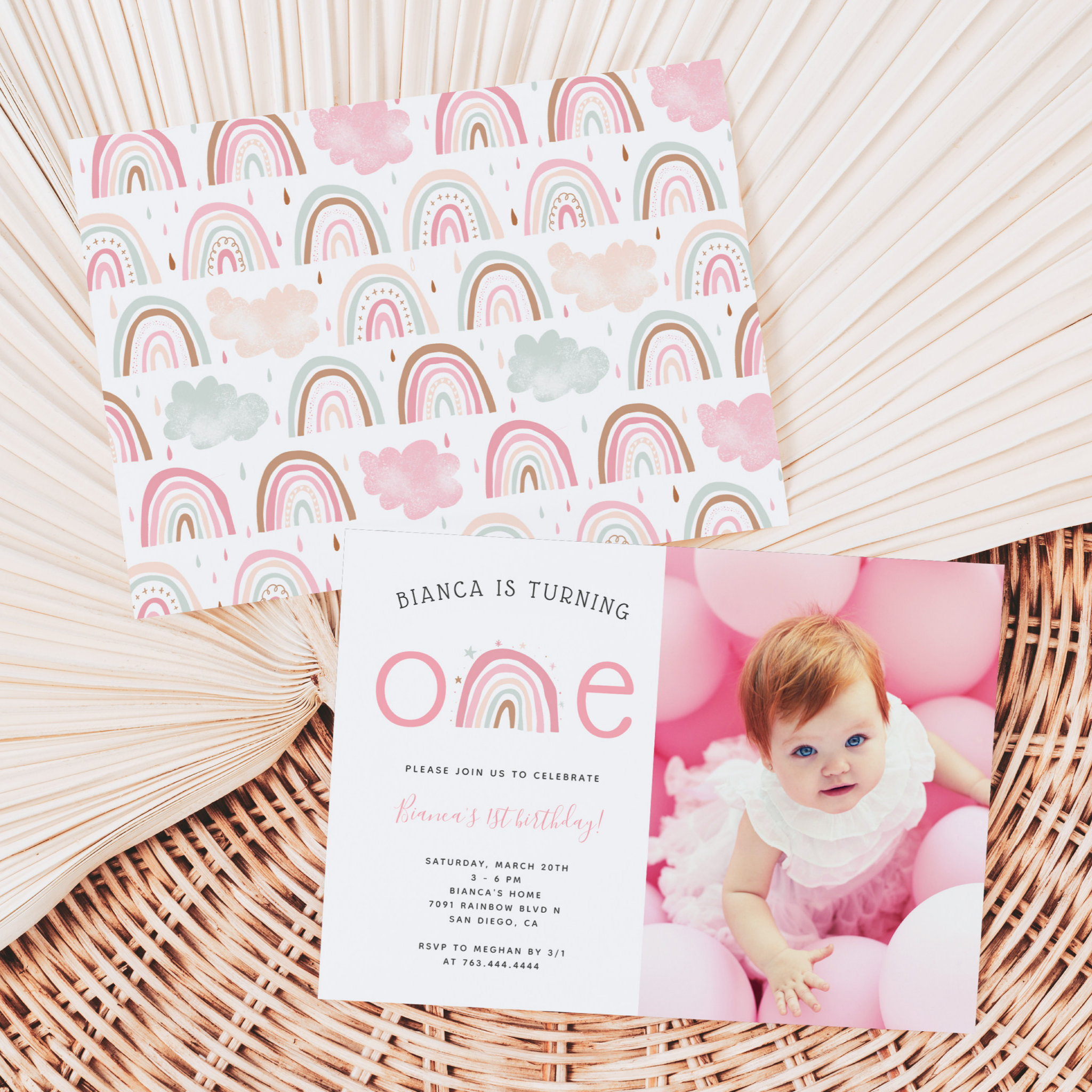 Boho Rainbow Girl's 1st Birthday Party Photo Invit Invitation