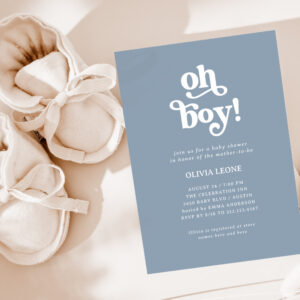 Boho Retro Dusty Blue Oh Boy Baby Shower Invitation