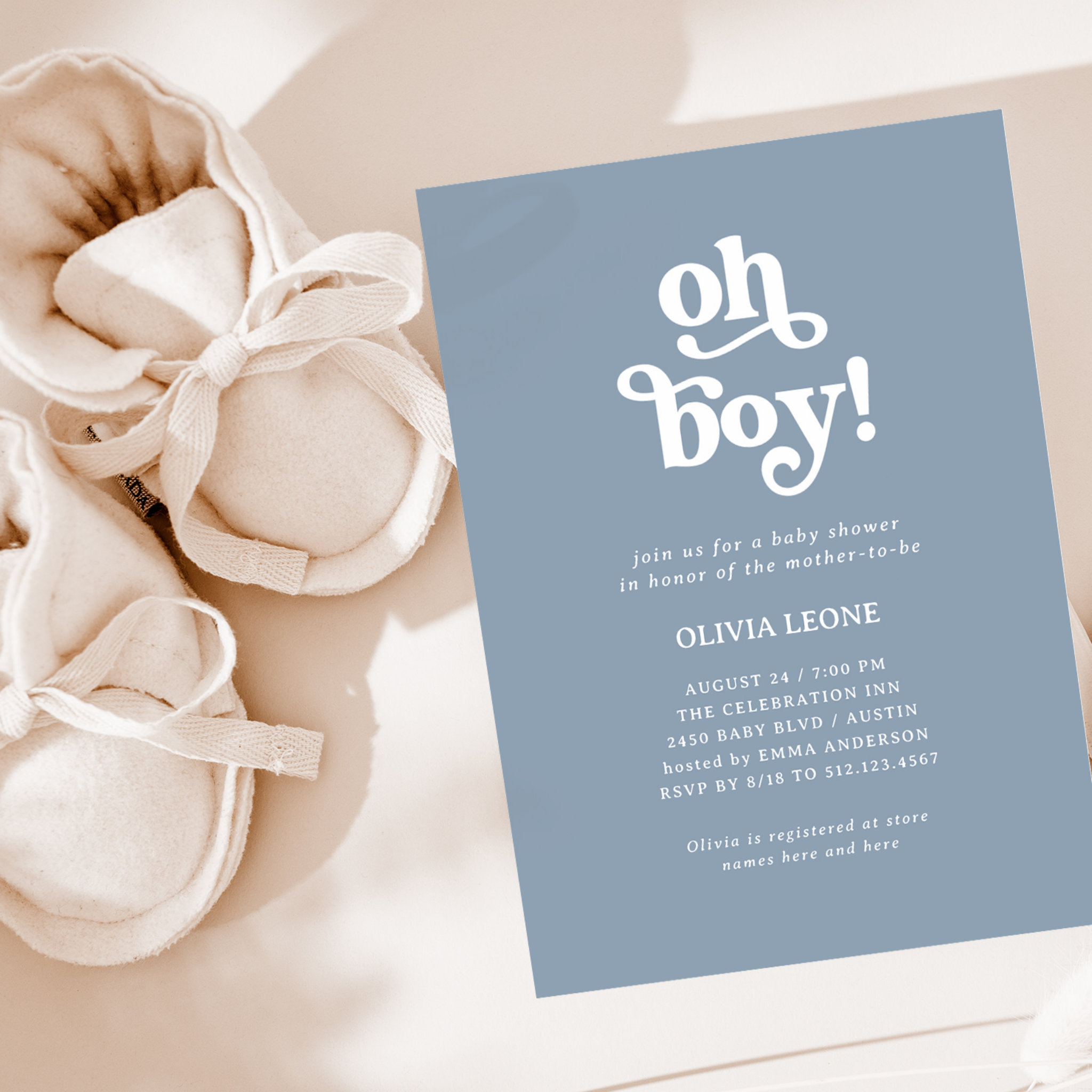 Boho Retro Dusty Blue Oh Boy Baby Shower Invitation