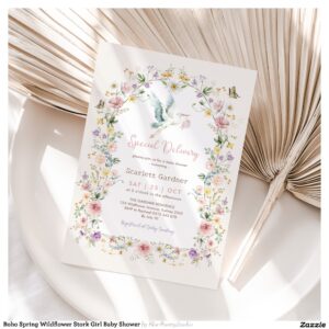 Boho Spring Wildflower Stork Girl Baby Shower Invitation