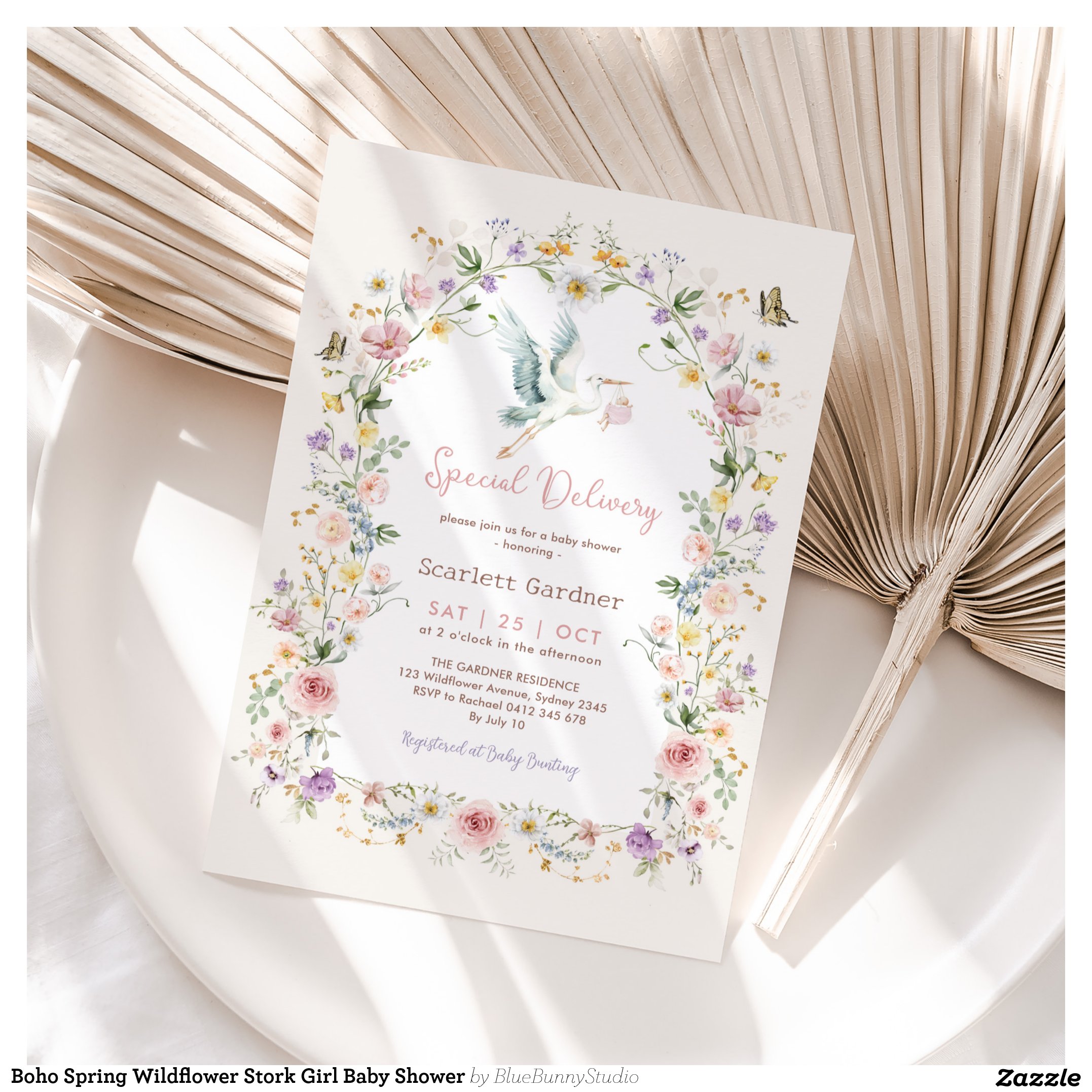 Boho Spring Wildflower Stork Girl Baby Shower Invitation
