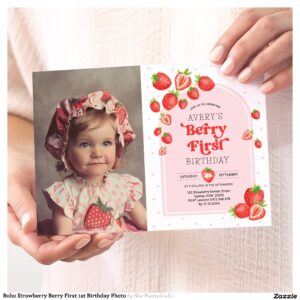 Boho Strawberry Berry First 1st Birthday Photo Invitation