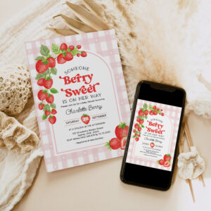 Boho Strawberry Berry Sweet Baby Girl Shower Invitation