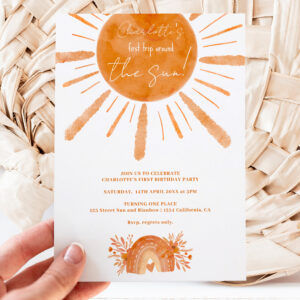 Boho sunshine rainbow orange 1st birthday invitation