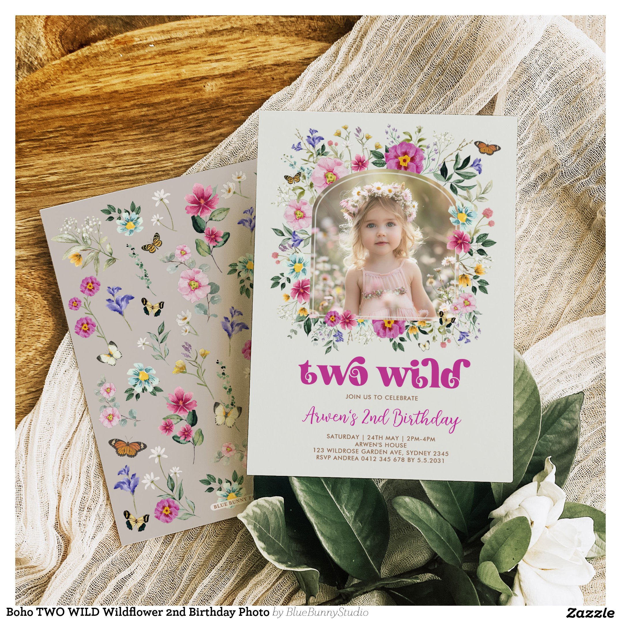 Boho TWO WILD Wildflower 2nd Birthday Photo Invitation