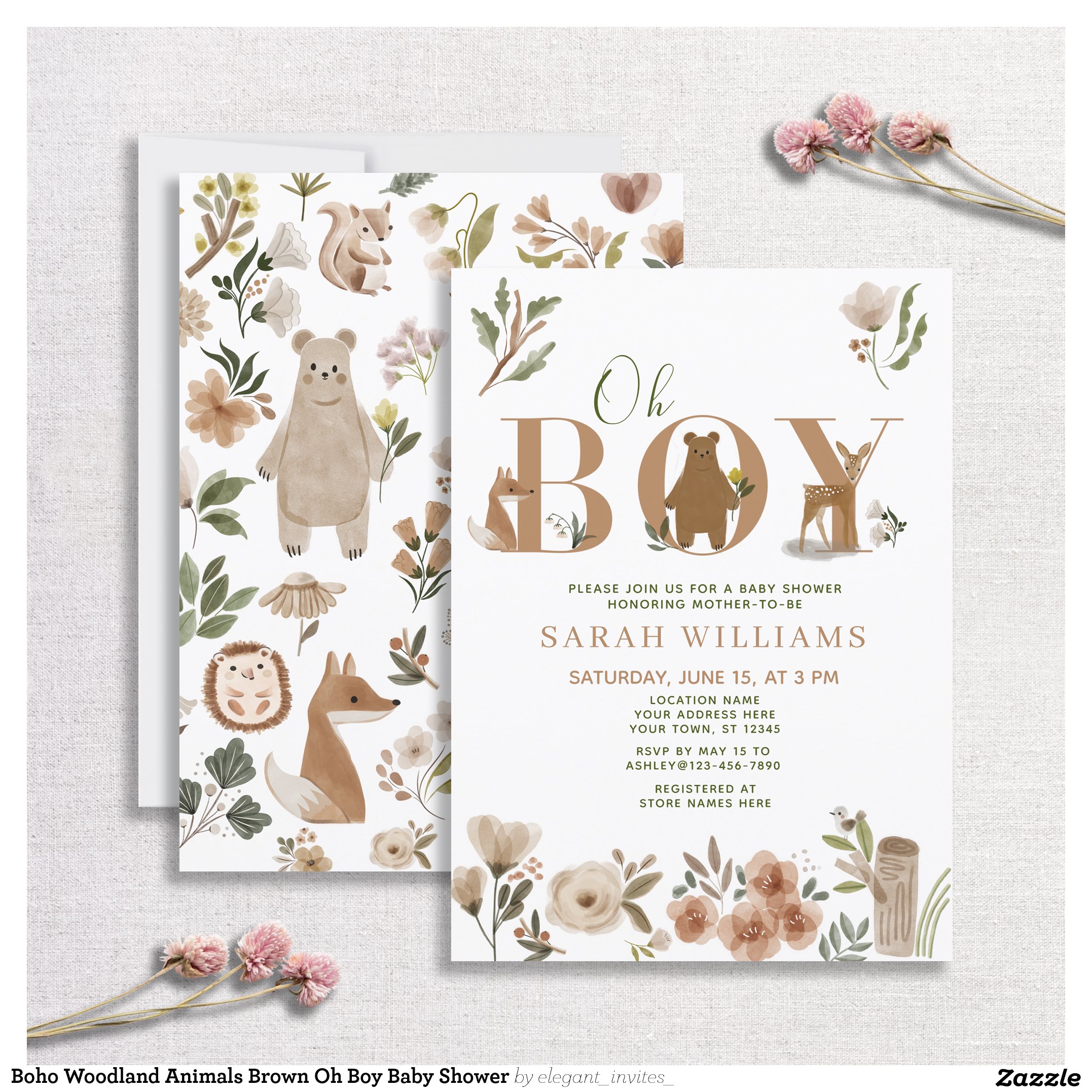 Boho Woodland Animals Brown Oh Boy Baby Shower Invitation