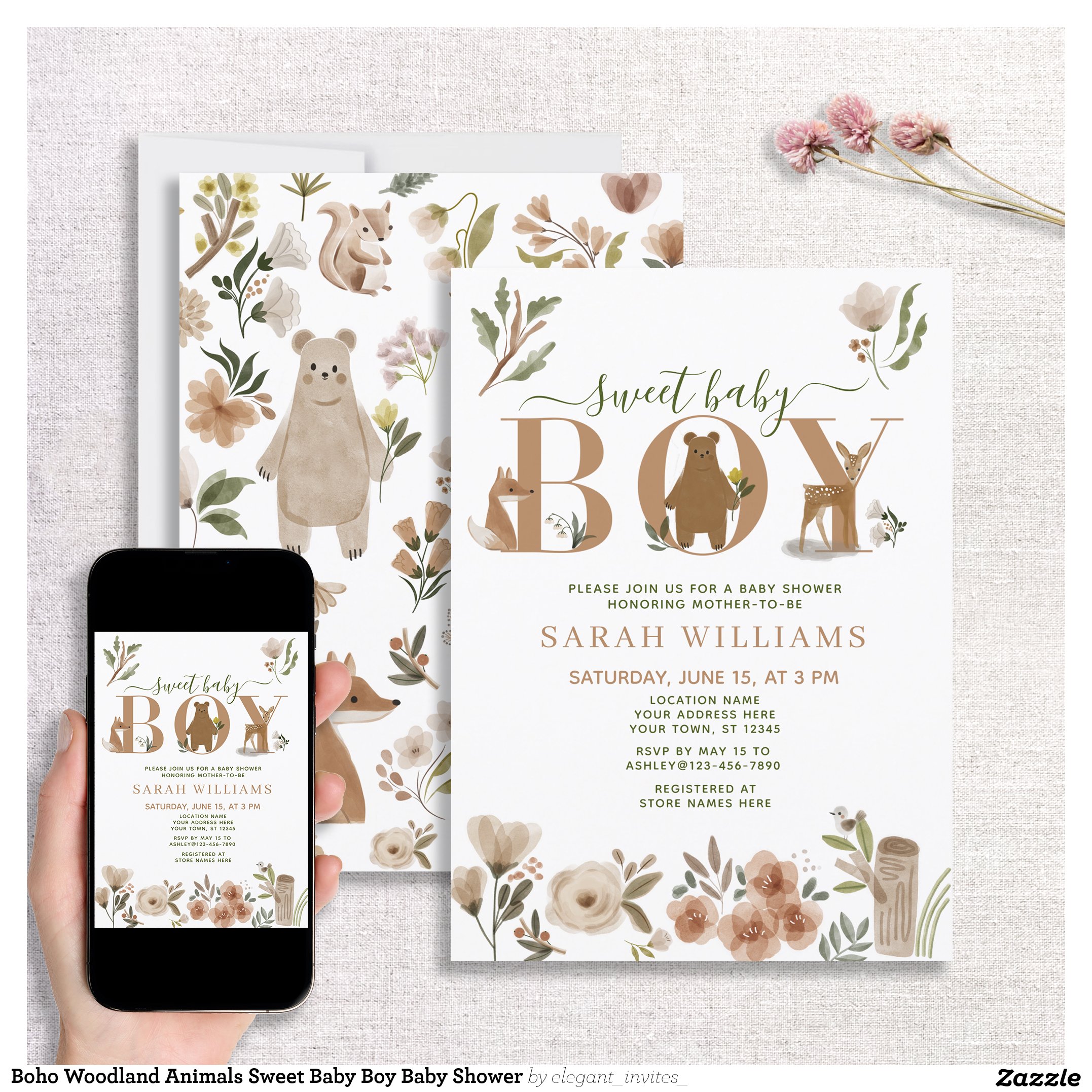 Boho Woodland Animals Sweet Baby Boy Baby Shower Invitation