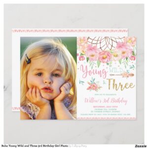 Boho Young Wild and Three 3rd Birthday Girl Photo Invitation