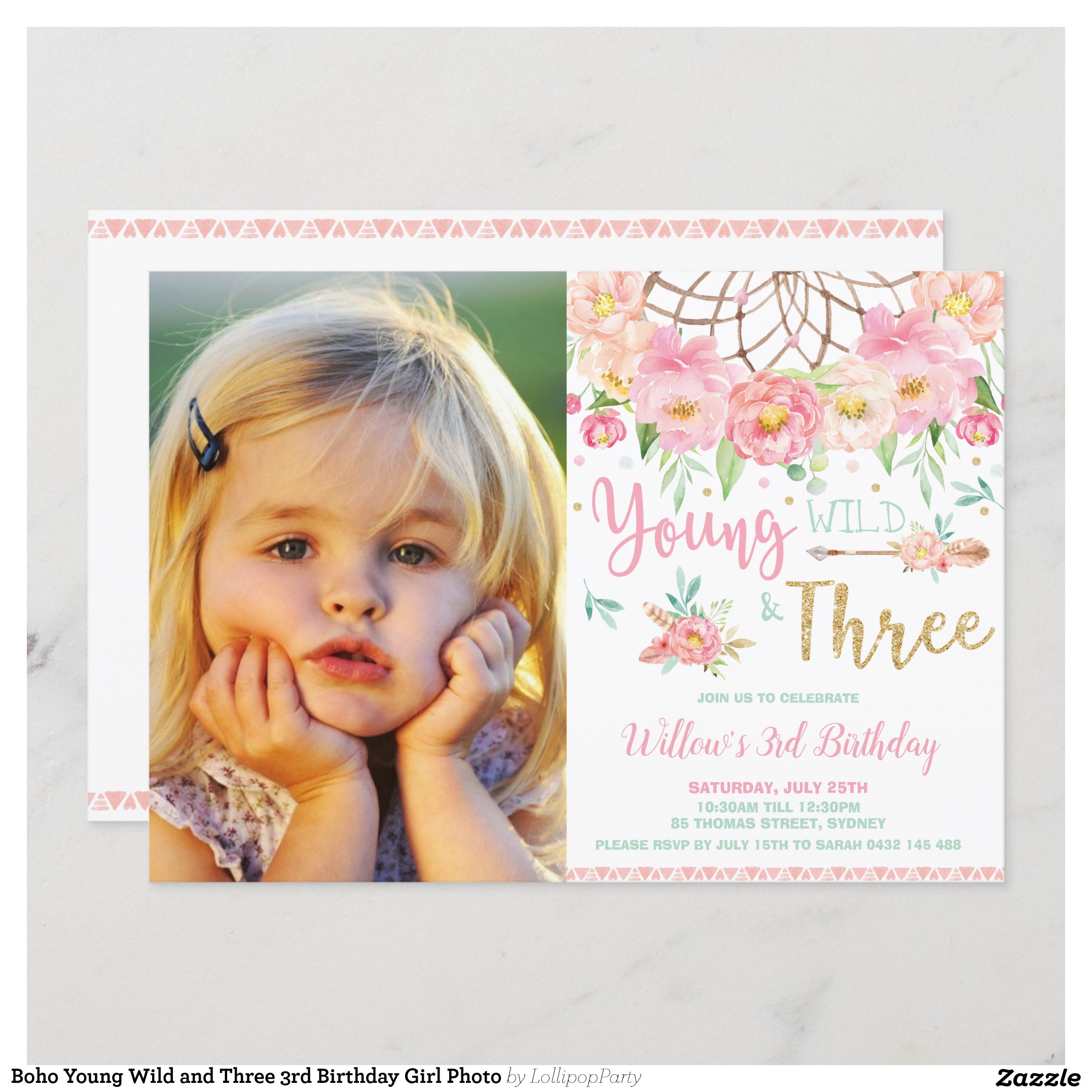 Boho Young Wild and Three 3rd Birthday Girl Photo Invitation