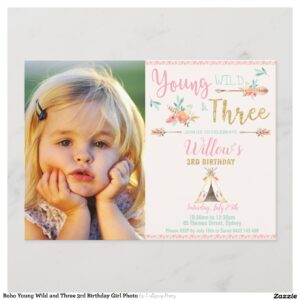 Boho Young Wild and Three 3rd Birthday Girl Photo Invitation