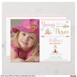 Boho Young Wild and Three 3rd Birthday Girl Photo Invitation