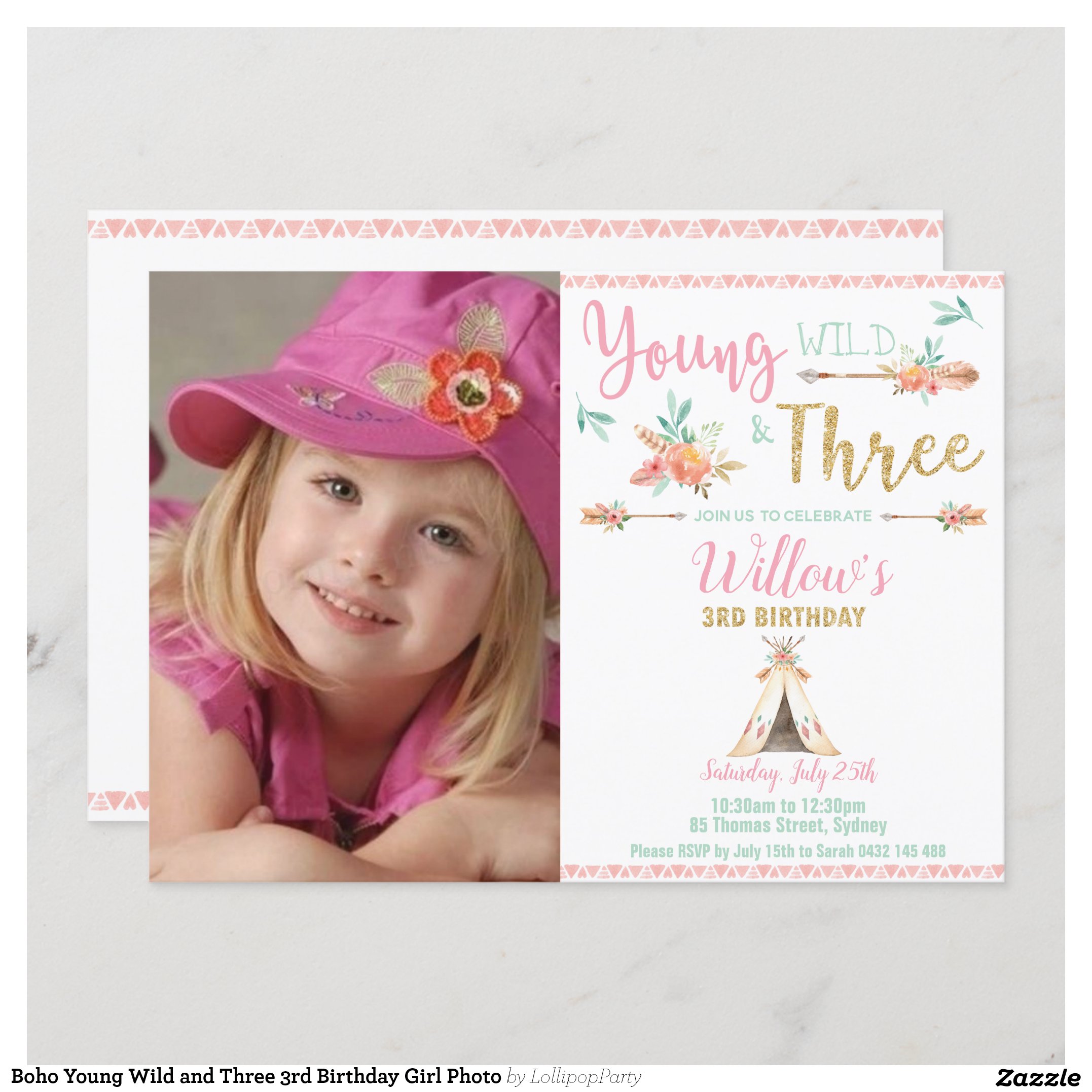 Boho Young Wild and Three 3rd Birthday Girl Photo Invitation