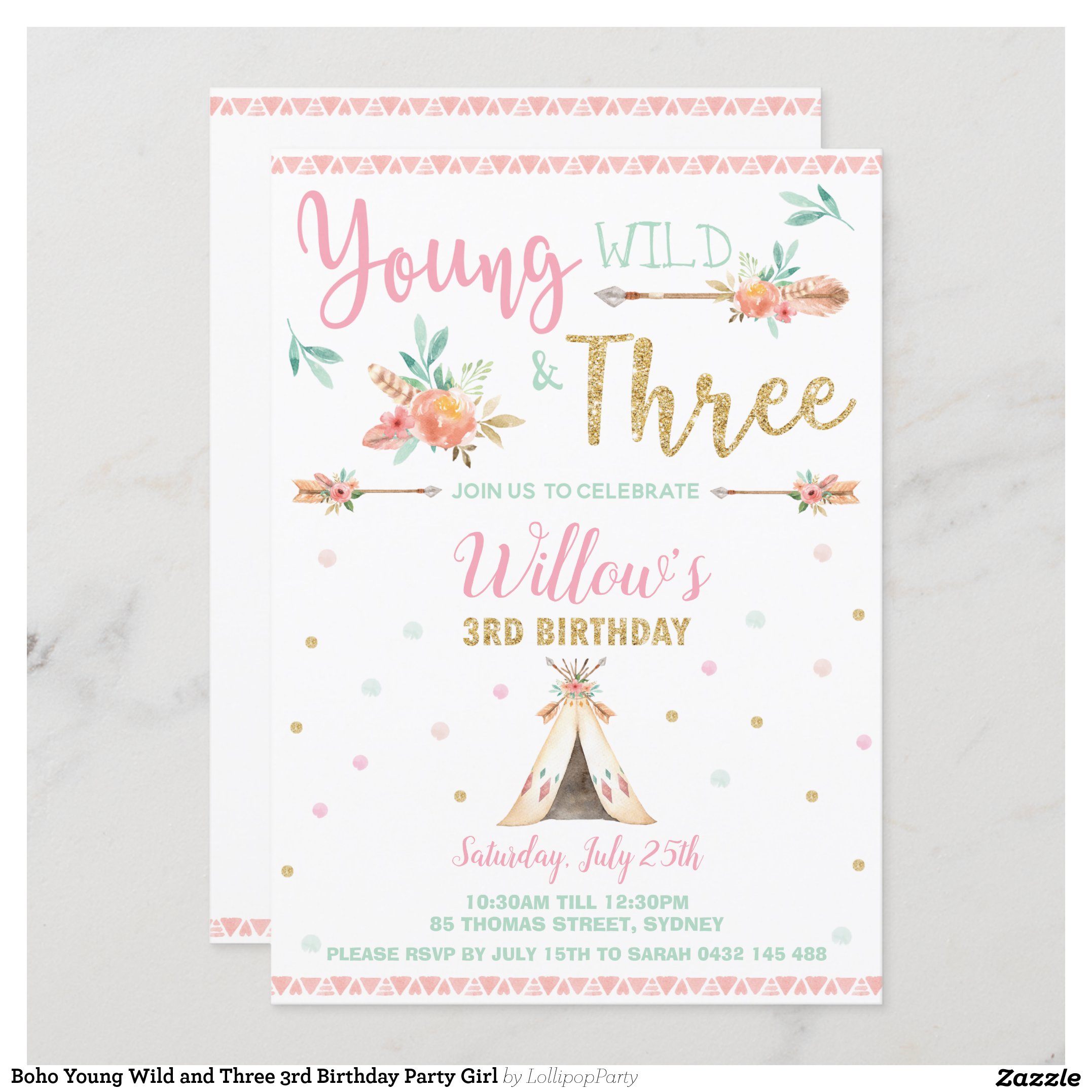 Boho Young Wild and Three 3rd Birthday Party Girl Invitation