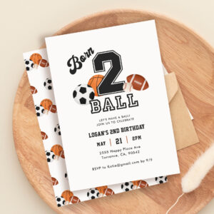 Born 2 Ball Sport Themed Boy 2nd Birthday Party Invitation