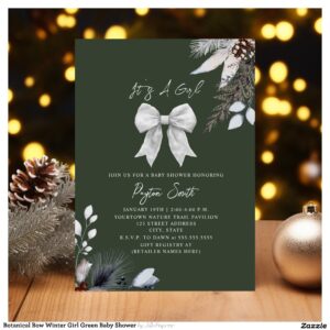 Botanical Bow Winter Girl Green Baby Shower Invitation