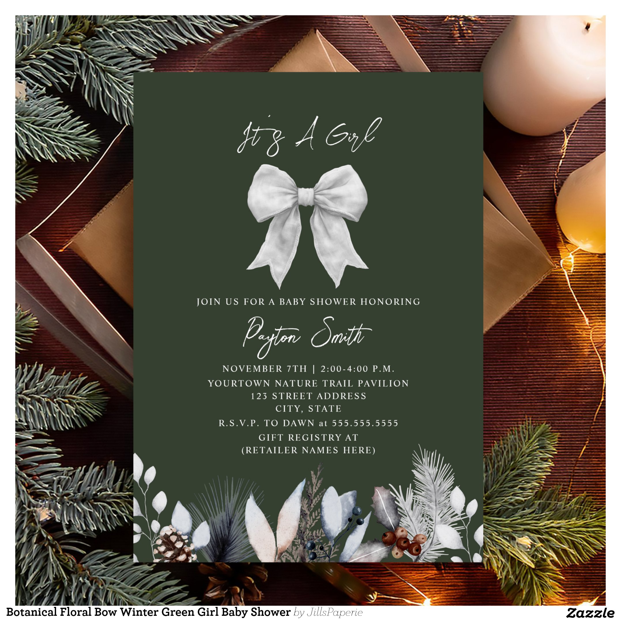 Botanical Floral Bow Winter Green Girl Baby Shower Invitation