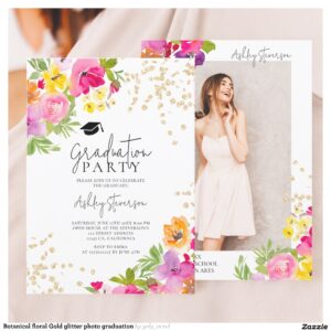 Botanical floral Gold glitter photo graduation Invitation