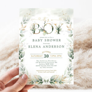 Botanical Greenery Gold Garden Boy Baby Shower Invitation