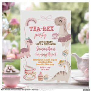 Bow Border Dinosaur Tea-Rex 3rd Girl Birthday Invitation