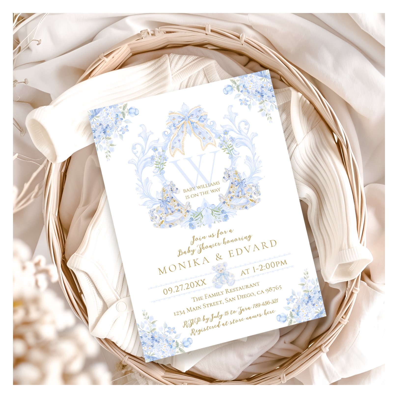 Bow Floral Watercolour Elegant Boy Baby Shower Invitation