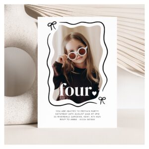 Bow Wavy Border Photo 4th Birthday Invitation