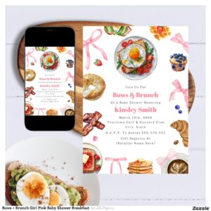 Bows + Brunch Girl Pink Baby Shower Breakfast Invitation