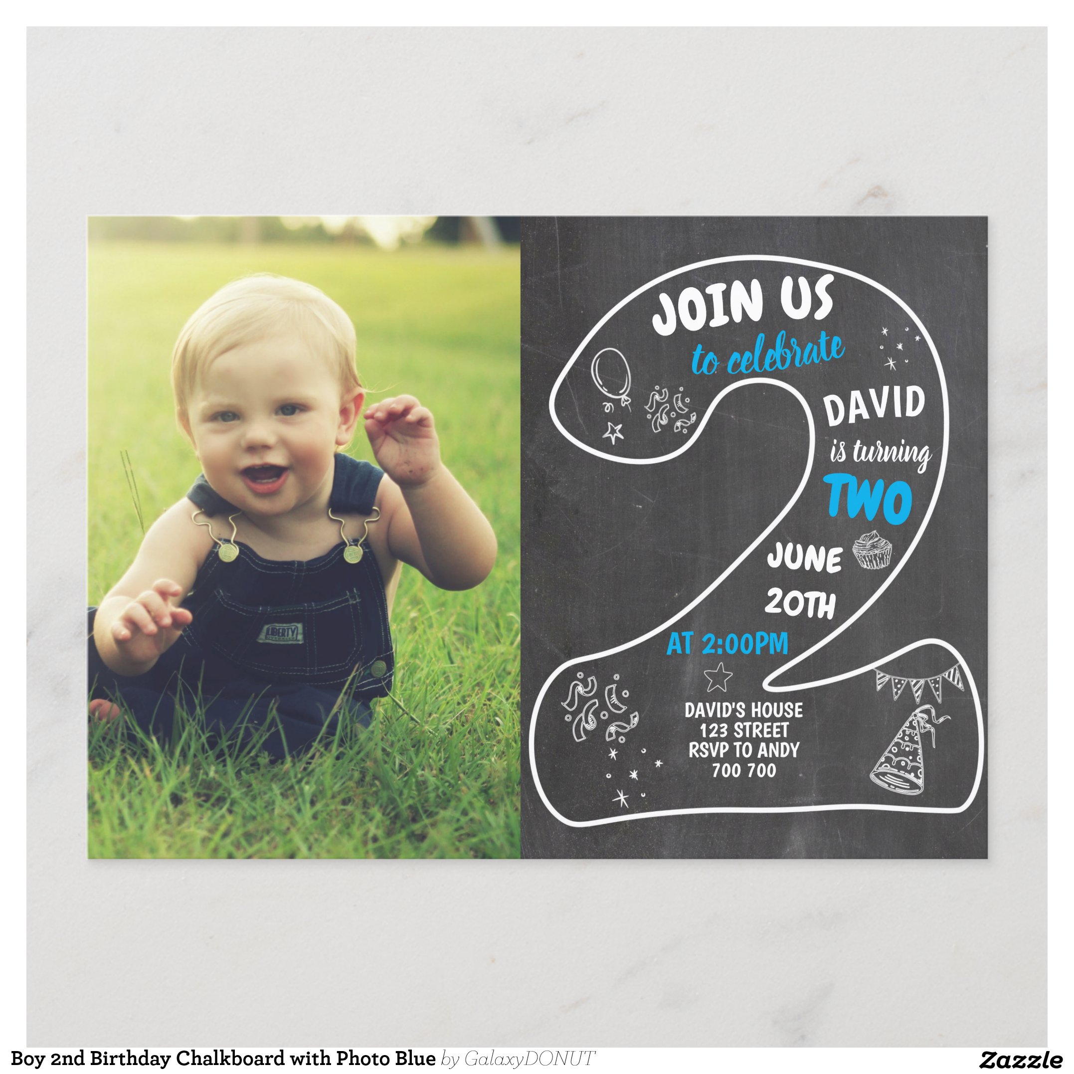 Boy 2nd Birthday Chalkboard with Photo Blue Invitation