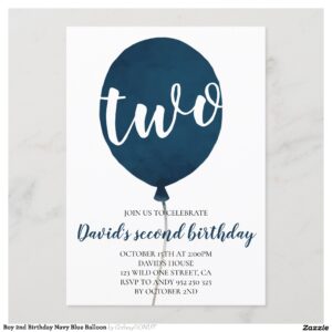 Boy 2nd Birthday Navy Blue Balloon Invitation