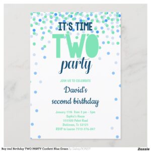 Boy 2nd Birthday TWO PARTY Confetti Blue Green Invitation